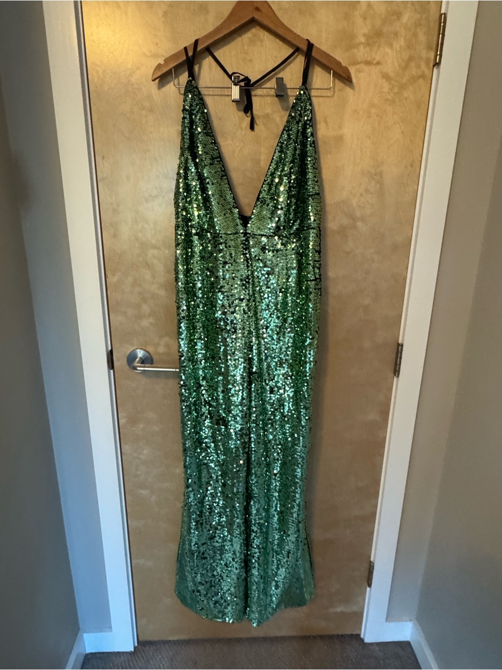 Commense Emerald Green Sequin Plunging V-Neck Jumpsuit
